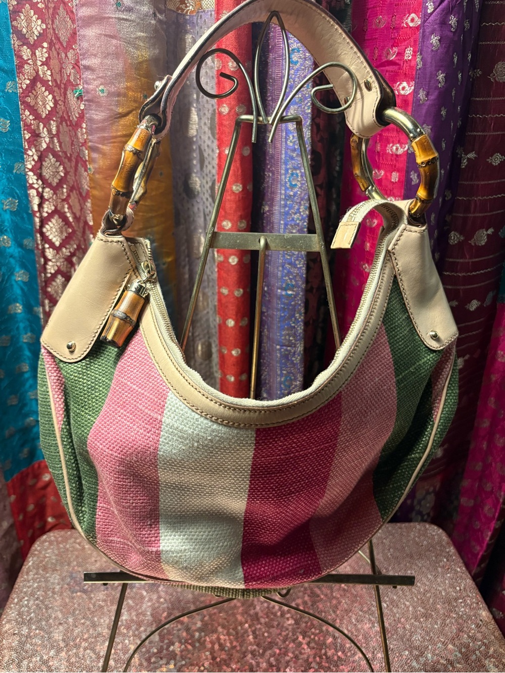 GUCCI bamboo ring striped canvas hobo bag.